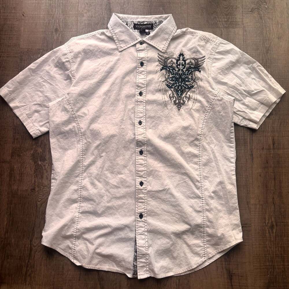 Victorious Los Angeles Y2K Graphic Rhinestone Button-Up Short Sleeve Shirt XL